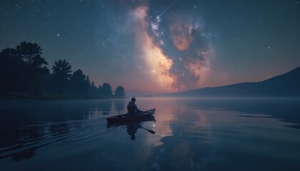Person kayaking under a starry sky and Milky Way during Earth Hour.