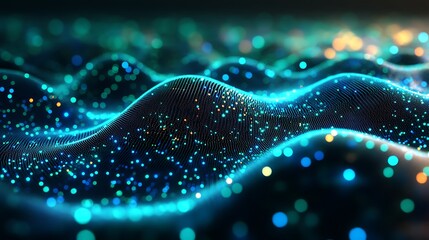 A dimensional abstract quantum system, data waves pulsating through multi-layered circuits, vibrant neon blue and green lights illuminating floating pathways, intricate holographic patterns,