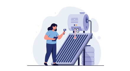 Woman working on solar panel installation in flat vector art style