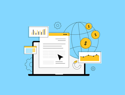Digital taxation concept with tax document, financial analytics, online payment and government regulations. Modern business digital taxation and e-commerce economy. Vector illustration and icons