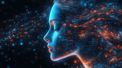 A flowing wave of glowing circuits, cascading in a dynamic abstract pattern, vibrant neon blue and cyan hues illuminating the design, intricate electronic details forming quantum data streams,