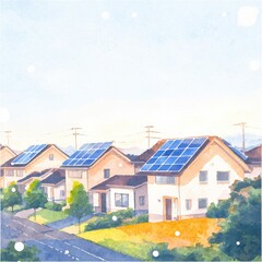 Obraz premium A beautiful watercolor illustration of modern homes featuring solar panels. This idyllic neighborhood showcases sustainable living and eco-friendly technology in a picturesque setting.
