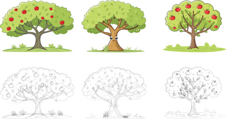 set of apple tree cartoon apple tree vector