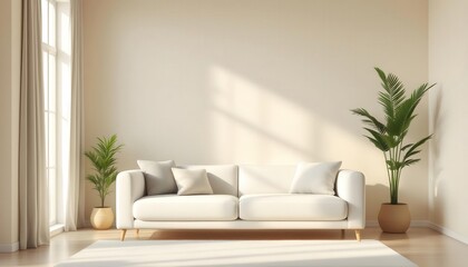 Modern Beige Living Room with White Sofa and Plants
