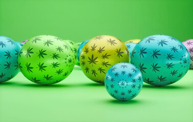 A festive 3D rendering of pastel-colored Easter eggs decorated with cannabis leaf patterns. A unique and playful take on the Easter holiday.