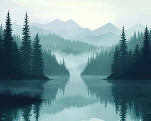 Serene reflection of mountainous landscape at dawn tranquil lake nature photography foggy environment aerial view