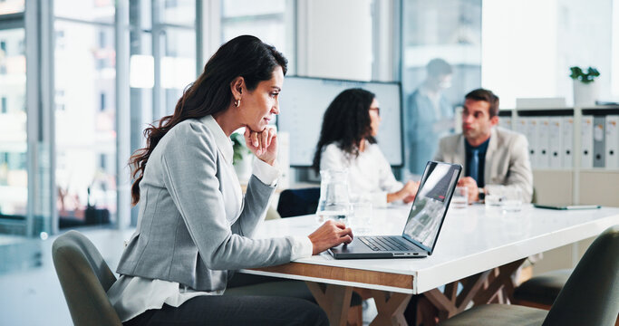 Meeting, accounting research or businesswoman on laptop with shareholders for planning or capital growth. Manager, finance budget or financial advisors in boardroom office with executive directors