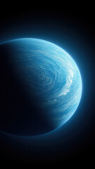 Stunning blue planet with swirling clouds, set against a dark cosmic background, evoking wonder