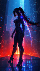 Futuristic female figure stands confidently in a neon-lit cyberpunk cityscape at night
