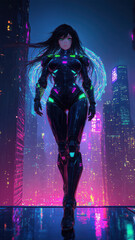 Futuristic female figure in a neon-lit cityscape, showcasing advanced technology and vibrant lights