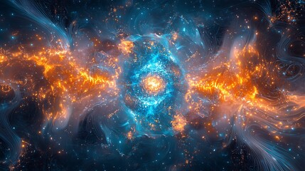 Fototapeta premium A futuristic depiction of a quantum core, glowing intensely with blue and cyan light, surrounded by intricate electronic circuits radiating energy,