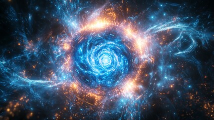 Obraz premium A futuristic depiction of a quantum core, glowing intensely with blue and cyan light, surrounded by intricate electronic circuits radiating energy,