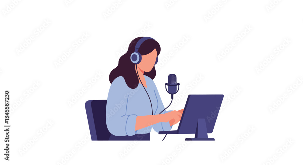 Aufkleber woman using computer with microphone in flat vector art style