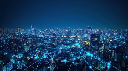 Fototapeta premium Night cityscape with network connections. Aerial view of Tokyo. Possible use Stock photo for technology, innovation, city life