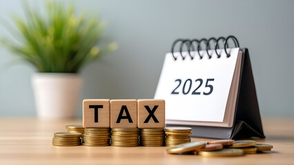 2025 Tax Planning Concept with Coins, Calendar, and Financial Growth Symbolism for Economic and Fiscal Themes