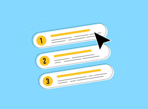 Search ranking, selection and decision-making. SEO, search results, online comparisons and digital marketing concepts. Vector illustration of numbered list search ranking website with cursor clicking