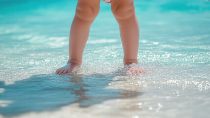 Child playing in shallow water at the beach, enjoying the waves and summer sun