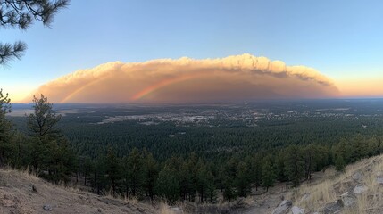 Obraz premium Panoramic view of a massive wildfire smoke plume with a double rainbow over a town nestled in a valley surrounded by pine forests.