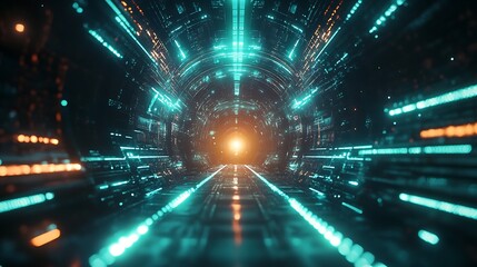 Obraz premium A futuristic digital quantum grid, glowing neon nodes interconnected by vibrant circuits, radiant blue and green light illuminating the intricate patterns,