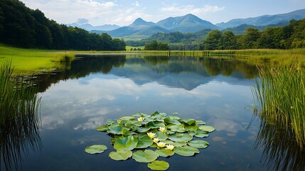 Mountain lake reflection for serene summer landscape.