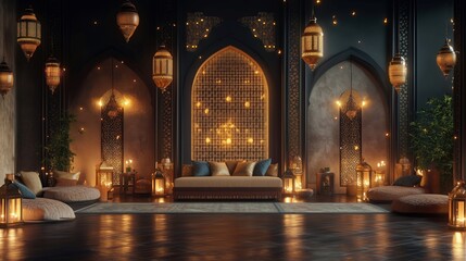 A warm and inviting Ramadan design with glowing lanterns, golden details, and elegant calligraphy