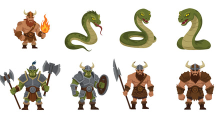 Fierce warrior and mythical serpent in detailed vector illustration style