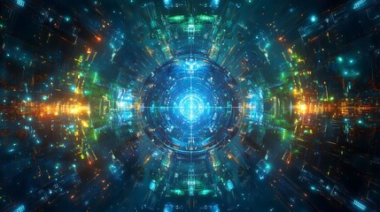 Obraz premium A futuristic holographic quantum grid, glowing neon circuits and processors suspended in mid-air, vibrant blue and green light illuminating the structure,