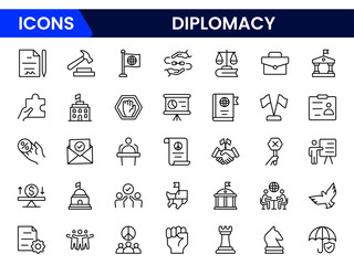 Diplomacy line icons collection. UI icon set in a flat design. Excellent signed icon collection. Thin outline icons pack. Vector illustration