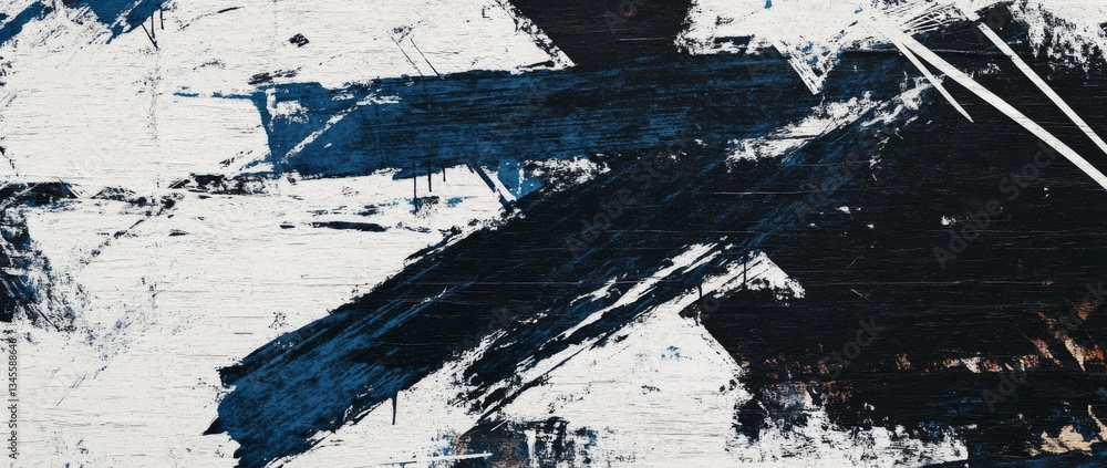 Poster abstract expression using bold strokes of blue and black against a textured white background in a co