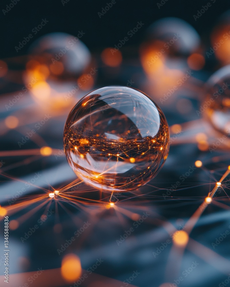 Poster Quantum Connectivity Illuminated Glass Sphere Revealing Intricate Neural Network Visualization for Tech Innovation and Digital Transformation Insights
