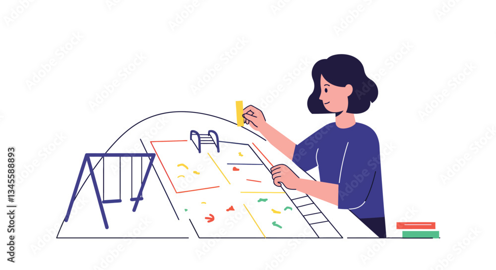 Poster woman designing playground layout using colorful markers in flat vector art