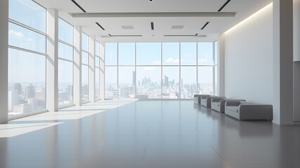 empty open plan interior with large windows with megalopolis view with a whitish white tone
