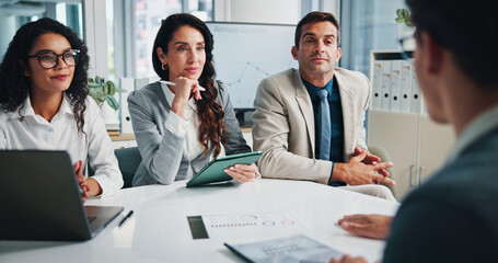 Finance, listen or business people with shareholders in discussion for planning, charts or capital...