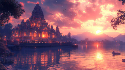 Obraz premium Wallpaper for Puthandu with a majestic temple at dusk 