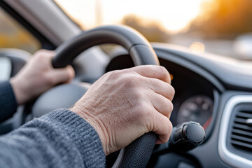 Close up of hands gripping car steering wheel while driving