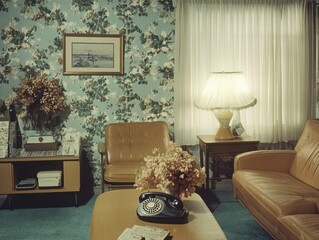 Vintage living room interior 1970s decor cozy environment soft lighting warm color palette for home inspiration