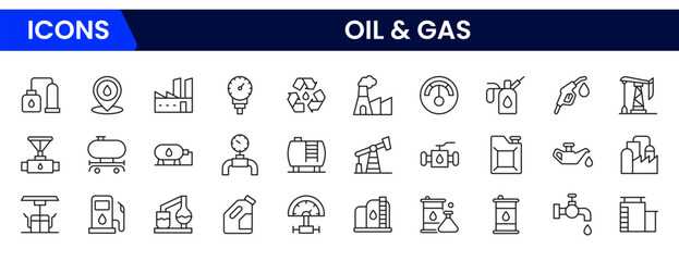 Oil and Gas icon set. Containing fuel, refinery, petroleum, oil well, gas pump, offshore platform, lubricant, oil barrels and more.vector icons collection.