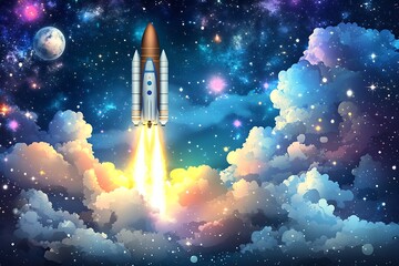 Rocket launching through clouds into space, stars, galaxy background for presentation