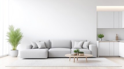 Fototapeta premium Modern, minimalist living area with a light gray sectional sofa, wooden coffee table, and a small kitchen