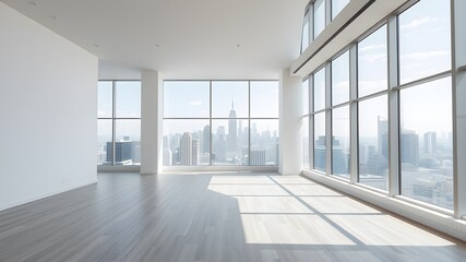 Fototapeta premium empty open plan interior with large windows with megalopolis view with a whitish white tone