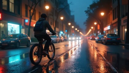 Cyclist riding bike on rainy city street at night, promoting sustainable living practices