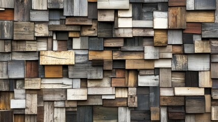 A textured wooden wall composed of various sized and colored planks in a rustic setting