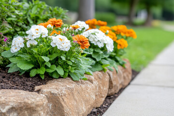 Colorful flowers blooming in landscaped garden bed