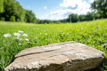 Fototapeta premium Stone on green grass with daisies under sunny sky
