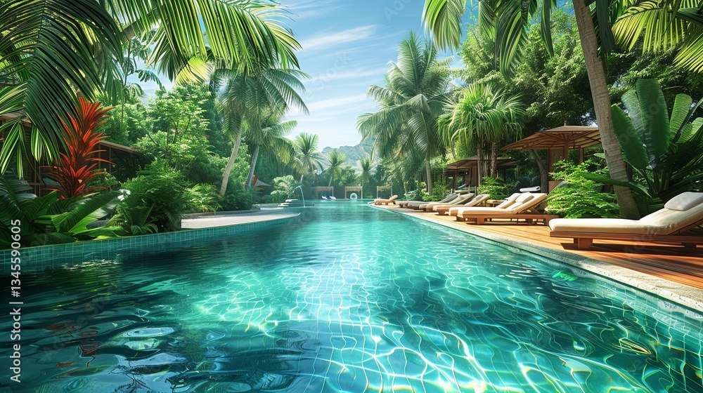 Poster luxurious exotic resort with crystal clear pool and lush greenery for relaxation and leisure activit