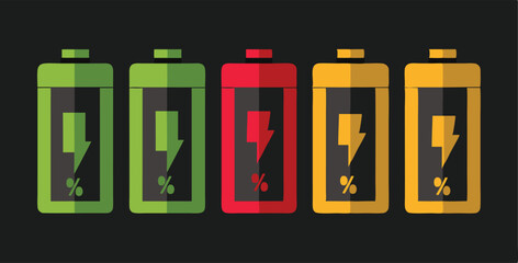 Battery charge level indicator. Battery Icon Set, Flat Battery Icon Illustration. Discharged and fully charged  battery level icon. Energy Indicator Symbols. cell design.