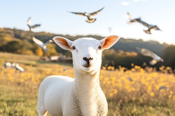 Fototapeta premium Lamb stares for birds fly, autumn field.