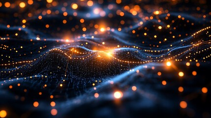 Obraz premium A glowing quantum computing network, abstract flowing circuits radiating vibrant data waves, multi-dimensional holographic layers, vivid neon lighting illuminating the environment,