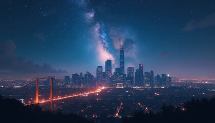 City skyline with milky way above during night, highlighting sustainable living concepts.