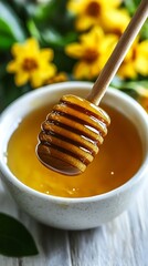 Honey Dipper in Bowl for Floral Background.